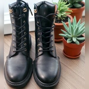Coach Black Leather Lace-Up Ankle Boots with Gold Hardware